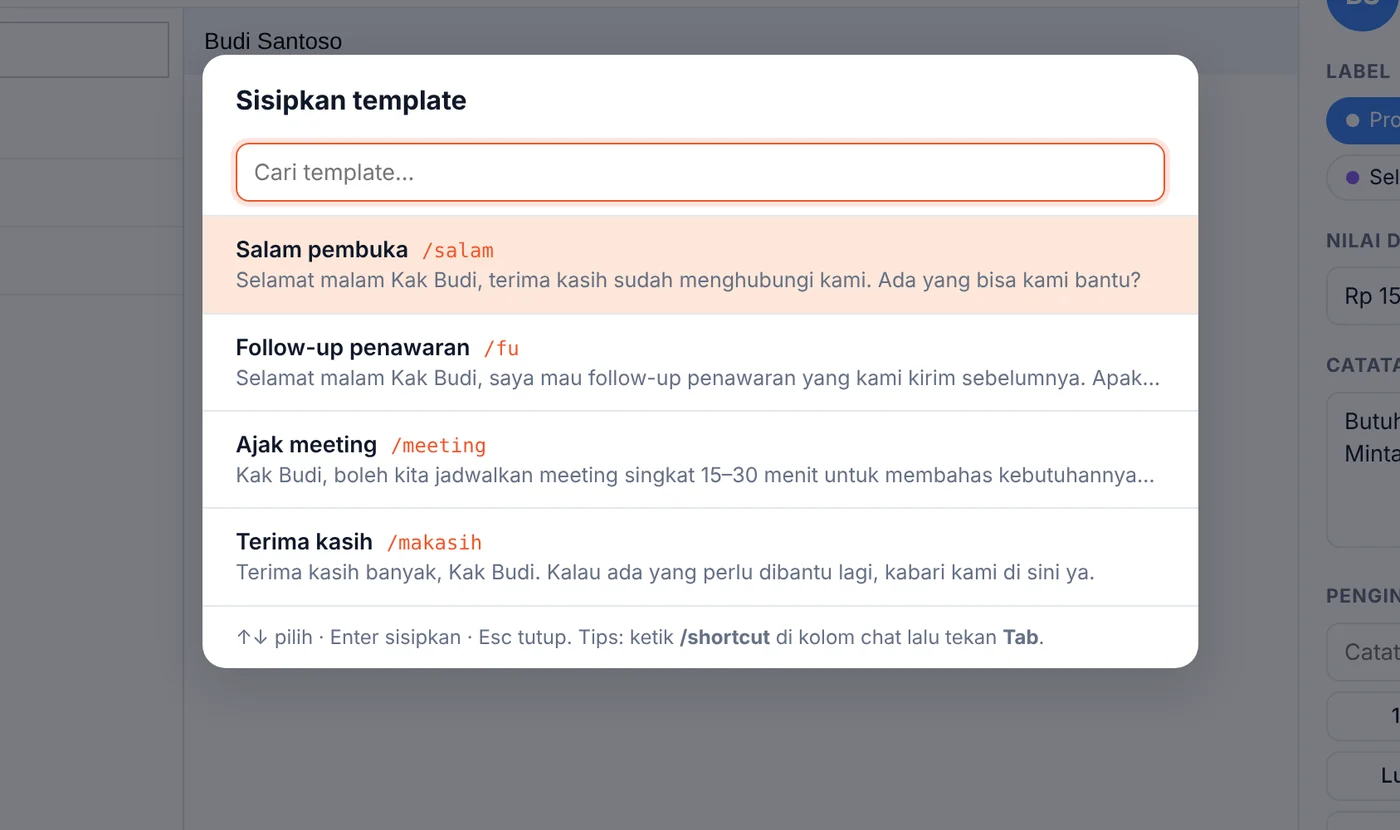 Jendela pencarian template balasan Rocket Hub dengan pratinjau sapaan otomatis